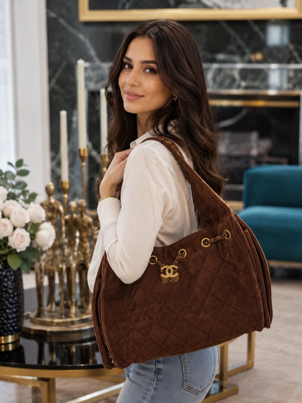 Quilted Brown Suede Look Drawstring Shoulder Bag Gold Chain Multi Pocket